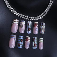 Cyflymder 24pcs Vintage French Style Stripes Press On Nails Cartoon Ladybug Button Designs Coffin False Nails Blue Brown Plaid Fake Nail