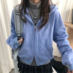 Cyflymder Y2k Aesthetic Grunge Solid Hooded Hoodies Harajuku Vintage Double Zipper Hoody Jacket Autumn Embroidery Casual Sweatshirt