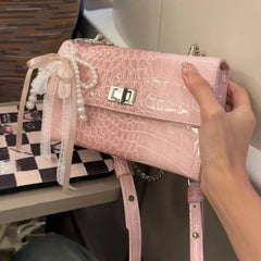 Cyflymder Hot Girl Sweet Bow Handbag Women Premium Crocodile Texture Leather Shoulder Bag Ladies 2025 New Y2K Aesthetic Crossbody Purse