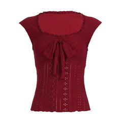 Cyflymder European and American Sexy Solid Color Bow Tie Vest Square Neck Sleeveless Hot Girl Casual Short Top for Women