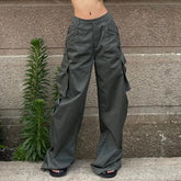 Cyflymder American Retro Baggy Cargo Pants Y2K Streetwear Low-Waisted Wide Leg Trousers Female Fashion Big Pocket Straight Pants