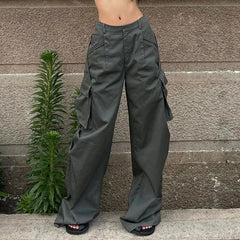 Cyflymder American Retro Baggy Cargo Pants Y2K Streetwear Low-Waisted Wide Leg Trousers Female Fashion Big Pocket Straight Pants