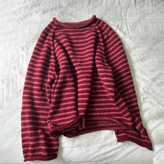 Cyflymder Vintage Laid‑back Preppy Style Striped Knit Sweater Neck Loose Knit Short Retro Y2K Casual Long Sleeve Autumn Winter Ladies Tops