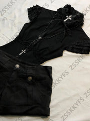 Cyflymder Summer Gothic Girl V-neck Shirts Top Punk Grunge Clothes 90s T-shirts Women's Harajuku Dark Sexy Shorts Tshirt Lace Y2k Set Tees