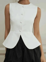 Cyflymder Office Ruched Hem Tank Top for Women O Neck Sleeveless Patchwork Single Breasted Temperament Vest Female Fashion