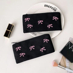 Cyflymder 1 PCS Fashionable Black Canvas Pen Bag With Embroidery Pink Bow Storage Bag For Student Friend Gift