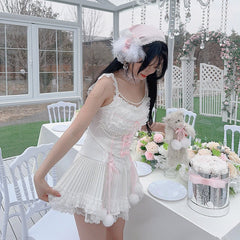 Cyflymder Cute Crop Tops for Sweet Girls Summer Lace Trim Bows Bead String Decoration Slim Cropped Lolita Style Tank Top Kawaii Clothes
