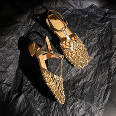 Cyflymder French Retro Gold Hollow Mesh Beautiful Bag Head Sandals Women's Rear Empty Buckle Belt Low Heel Women's Single Shoes