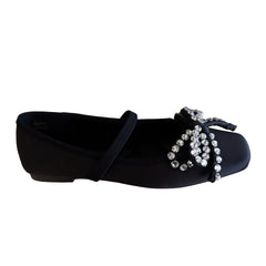Cyflymder French Rhinestone Bow Square Head Satin Single Shoes Women's 2025 New Versatile One-word Belt Ballet Shoes