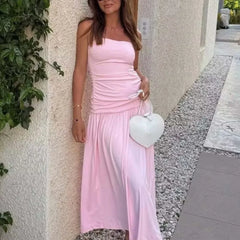 Cyflymder Elegant Ruched Strapless Dress Women Sexy Pastel Pink Off Shoulder Side Zipper Midi Dress 2025 New Summer Party Evening Dresses