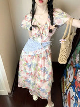 Cyflymder Dresses Women Floral Printed Puff Short Sleeve V Neck Summer Fashion Vintage Elegant Dress Bandage Female Casual