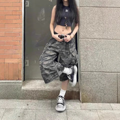 Cyflymder American Retro Camouflage Denim Shorts Women Summer Spicy Low Waist Loose Multi Pocket Workwear Short Pants Trendy