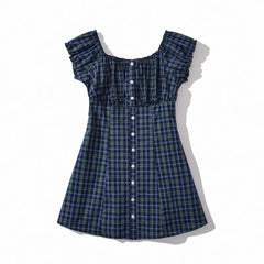 Cyflymder CHIC Contrast Color Plaid Open Buttons Slash Shoulder Mini Dress Women Short Sleeve Slim Waist Dresses Holiday Robe Femme