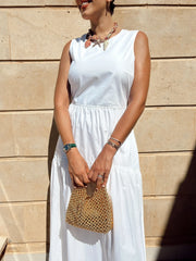 Cyflymder Women's Elegant White Maxi Dress Pleated Round Neck Sleeveless Dress New Spring and Summer Fashion Party Beach Holiday Dress