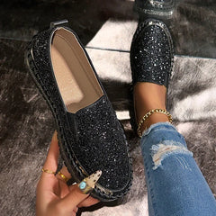 Cyflymder Women's Rhinestone Flats Comfort Thick Sole Slip on Casual Shoes Woman Fashion Gold Silver Glitter Platform Loafers
