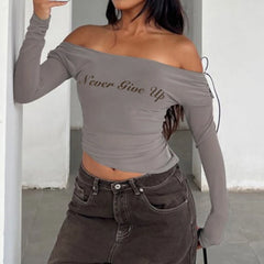Cyflymder Y2k Streetwear Off-shoulder T-shirt Women Irregular Mesh Letter Print Top Summer Outfit Long Sleeve Tees Coquette Chic