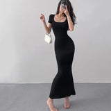 Cyflymder 2024 Summer Solid Color Slim Long Dress Women Short Sleeve Skinny Bodycon Maxi Dresses Woman Square Collar Party Vestidos Mujer