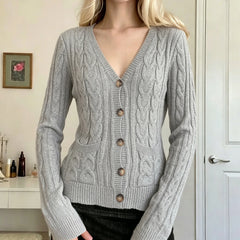 Cyflymder Women V Neck Cable Knit Cardigan Long Sleeve Button Down Pockets Casual Loose Knitted Sweater Coat Vintage Daily Outerwear