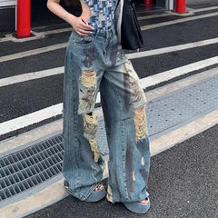 Cyflymder Vintage Y2K Ripped Jeans for Women American Streetwear Baggy Grunge Wide Leg Trousers Female Hot-Girl High Waisted Denim Pants