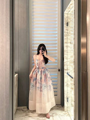 Cyflymder Summer Floral Printing Spaghetti Strap Long Women Party Dress Lace-up Chic European Bohemian Vintage Holiday Beach Dress