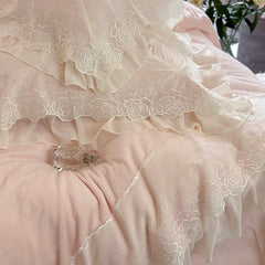 Cyflymder 4Pcs Pink Vintage French Lace Ruffles Princess Bedding Set Winter Milk Velvet Plush Duvet Cover Cover Set Bed Sheet Pillowcases