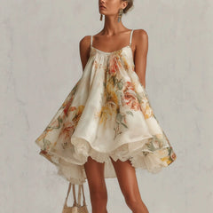 Cyflymder New Arrival: Floral Print Oversized Cami Dress - French Style Lace Trim Asymmetrical Vacation Dress