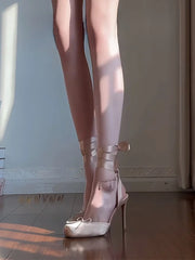Cyflymder Red Sole Satin Ballet Girl Knot Head Cover Sandals High Heels Design Pig Nose Faionable Commute Low Help Footwear