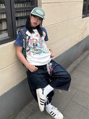 Cyflymder Summer Young Girl Curved Wide Leg Loose Denim Cropped Pants Women's Retro Calf-length Jeans Female High Waist Capris Pants