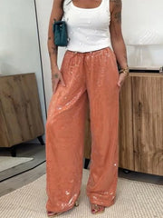 Cyflymder Loose Solid Color Sequin Pants Woman Cinched Waist Glitter Straight Baggy Long Pants Casual Street Chic Sparkle Women's Trousers