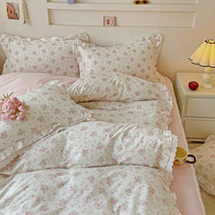 Cyflymder 3/4Pcs Pastoral Floral Lace Ruffles 100% Cotton Bedding Set Single Queen Duvet Cover Bed Skirt/Bed Sheet/Fitted Sheet Pillowcase