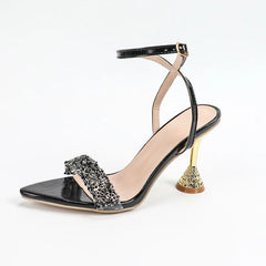 Cyflymder Rhinestone Sandals Comfort Shoes for Women Summer Heels Large Size Suit Female Beige Girls Fashion Big Black High Low Pointed