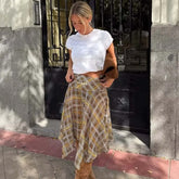 Cyflymder Women New Design Asymmetric Hem A-line Mid-rise Plaid Midi Skirts Thin faldas mujer