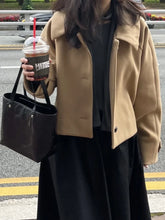 Cyflymder Retro Chic Lapel Single Button Woolen Coat ort Loose Sle for Small Figures Women's Faionable Outerwear