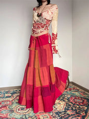 Cyflymder Women's Large Red Grid Splicing Splicing A-line Summer Thin Skirt Young Girl Vintage Female High Waist Loose Ankle-length Skirts