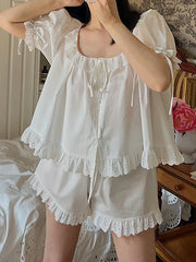 Cyflymder French Sweet Girls Summer Short Sleeve Homewear Pajama Two Piece Set Women Victorian Lolita Ruffles Vintage Princess Sleepwear