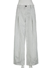 Cyflymder Casual Folds Striped Wide Leg Pants Basic Loose Low-Waisted Straight Pants Women Summer Fashion Streetwear Ladies