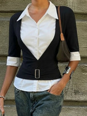 Cyflymder Vintage Fake Two Piece Patchwork Turn Down Collar Half Sleeve Slim-waist Temperament Women Shirt