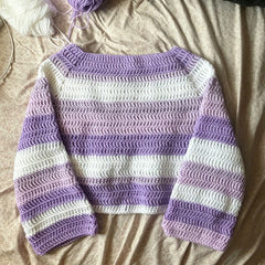 Cyflymder Women Purple White Striped Crochet Knit Sweater Round Neck Long‑Sleeve Loose Cropped Y2K Casual Hollow Out Pullover Top