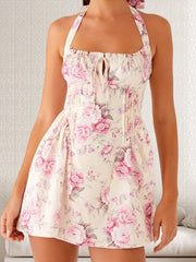 Cyflymder Women s Boho Floral Print Halter Neck Sleeveless Backless Mini Dress with Tie Front Detail and Fit Silhouette