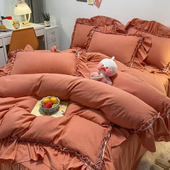 Cyflymder Korean Solid Pure Cotton Bed Skirt Bedding Sets Washed Cotton Comforter Set with Lace Princess Soft and Skin-Friendly Bedclothes