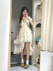 Cyflymder Irregular Dresses Women Sweet Ruffles Square Collar Puff Short Sleeve Princess Spring Summer Elegant Dress Female