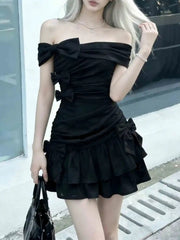 Cyflymder Y2K Sexy Black Off Shoulder Sweet Mini Dress Women Bow Ruched Bodycon Cute Ruffle Party Dresses New Streetwear Vintage Clothing