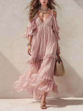 Cyflymder Women's Ruffled Tiered Maxi Dress V-Neck Off-shoulder Flutter Flowy Chiffon Gown Elegant Chic Boho Sexy High Waist Summer Dress