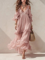 Cyflymder Women's Ruffled Tiered Maxi Dress V-Neck Off-shoulder Flutter Flowy Chiffon Gown Elegant Chic Boho Sexy High Waist Summer Dress