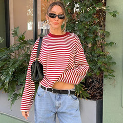 Cyflymder Women Casual Striped Long Sleeve Cotton Tops Autumn O-neck Patchwork Loose T-shirt High Street Female Vintage Tops 2025 New
