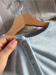 Cyflymder Blue Sweet Eyelet Knitted Long Sleeve Tees Women New Cotton Casual Slim Single Breasted Smock Tops Sweet Cute Basic T-shirts
