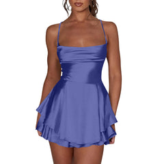 Cyflymder Ladies' Silk And Satin Elegant Sexy Slim Beautiful Backless Short Dress Cowl Neck Cross Spaghetti Strap Party Pleated Mini Skirt