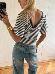 Cyflymder Women Striped Deep V Top Backless Slim Sexy Y2K Color-Block Batwing Short-Sleeve T-Shirt Streetwear Casual Outfit
