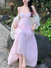 Cyflymder Pink Summer Sexy Long Dress Women Fashion High Waist Sleeveless Solid Straps Dress Casual Elegant Party Lady Dresses