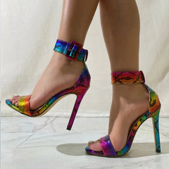 Cyflymder Mixed Colors Snake Print Leather Women Shoes Fashion Big Buckle Ankle Cover Strap Sandals Sexy Party Club Stripper Heels